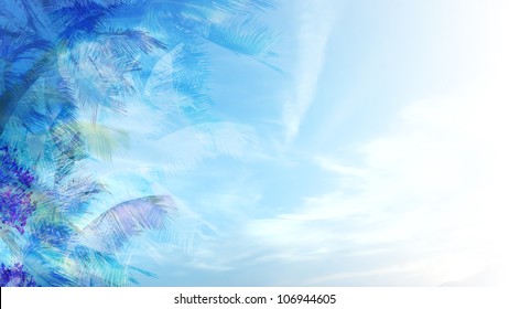 Blue Tropical Background With Transparent Palms Silhouettes And Foliage. Abstract Tropical Background