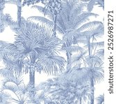  Blue Tropical forest night leaves and tress hand drawn style seamless pattern vector for fashion fabric , wallpaper, and all prints on white background color and summer uses.