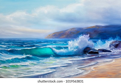  Blue, tropical sea and beach.Wave, illustration, oil painting on a canvas.
