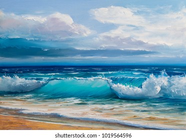  Blue, Tropical Sea And Beach.Wave, Illustration, Oil Painting On A Canvas.