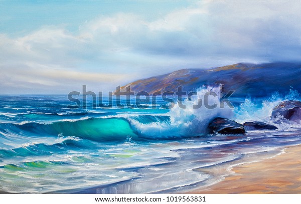  Blue, tropical sea and beach. Wave, illustration, oil painting on a canvas.