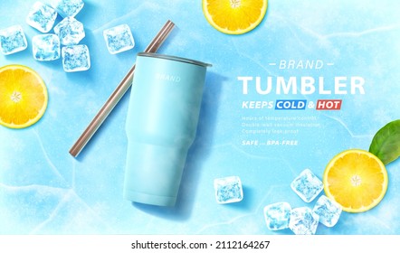 Blue tumbler banner ad. 3D Illustration of a covered tumbler bottle with its stainless straw lying on blue icy surface with ice cubes and lemon slices placed aside