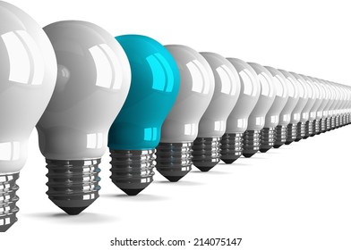 Blue tungsten light bulb and many white ones isolated on white, perspective view, 3d render