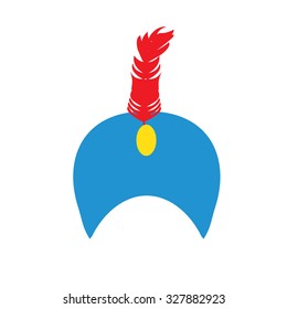 Blue Turban Hat With Jewel And Red Feather Raster Illustration. Indian Turban. Sultan Hat.