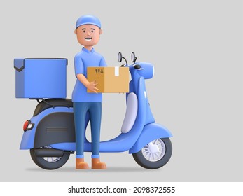 Blue Uniform Courier Wearing Cap Riding Scooter Holding Package Box 3d Render Illustration