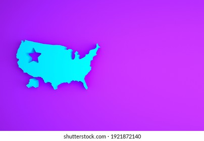 Blue USA Map Icon Isolated On Purple Background. Map Of The United States Of America. Minimalism Concept. 3d Illustration 3D Render.