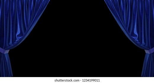 Blue Velvet Curtain Open To The Sides, On A Black Background. 3D Illustration