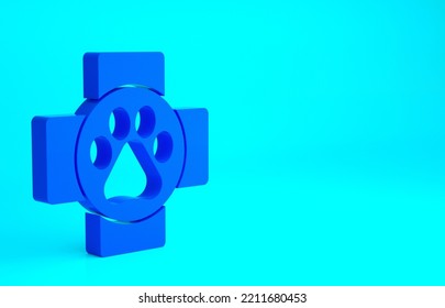 Blue Veterinary Clinic Symbol Icon Isolated On Blue Background. Cross Hospital Sign. A Stylized Paw Print Dog Or Cat. Pet First Aid Sign. Minimalism Concept. 3d Illustration 3D Render.