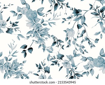 Blue Vintage Flowers Texture Seamless Pattern Background Walpaper Black And White Rose 