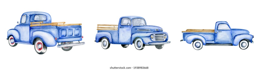 Blue vintage pick up. Hand painted watercolor illustration isilated on white background. Front, side and back view