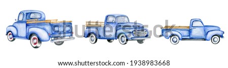 Blue vintage pick up. Hand painted watercolor illustration isilated on white background. Front, side and back view