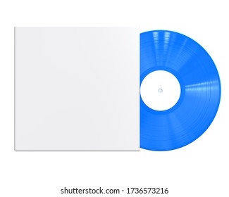 Blue Vinyl Disc Mock Up. Vintage LP Vinyl Record with White Cover Sleeve and White Label Isolated on White Background. 3D Render.