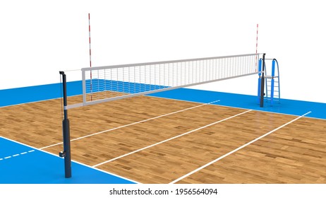 Blue Volleyball Court And Net On White Background.3d Rendering.