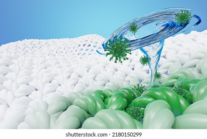 Blue Vortex Taking Away Bad Green Germs, Virus From Clothes. Water Tornado Deep Cleaning Cloth. Disinfecting Of Washing Machine. Antibacterial, Remove Stains, Washing Powder In Advertising. 3d Render.