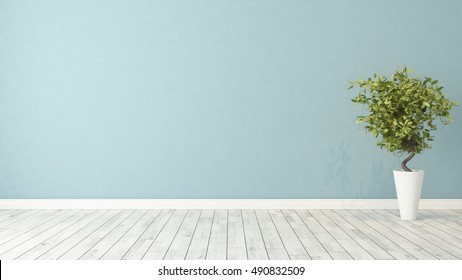 Blue Wall Empty Room With Green Plant In Vase 3d Rendering By Sedat SEVEN