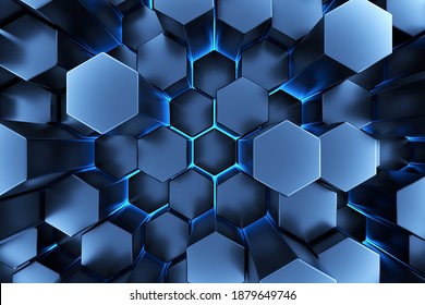 Blaue Wand aus Honigwinden. Chaotische Kuben-Mauerhintergrund. Panorama mit hochauflösendem Bildschirmhintergrund. 3D-Render-Illustration