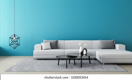 Blue Wall Living Room / 3D Render Interior