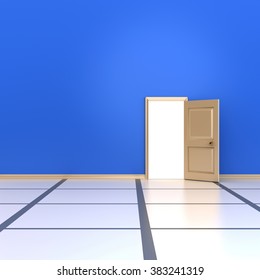blue wall with opened door, 3d illustration