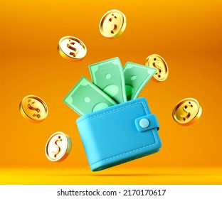 Blue Wallet With Cash Dollar Bills And Golden Dollar Coins On Bright Yellow Background. Cash Money Concept, Icon. 3d Render. Money Saving, Money Spending, Finance, Business Concept