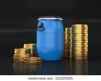 Blue water barrel and stacks of gold coins, water price concept, 3d render