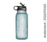 Blue water bottle for sports, isolated element on a white background. Watercolor illustration for packaging, labels, sports booklets, nutrition programs. 