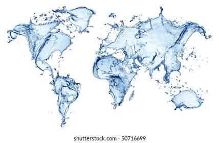 blue water splash (world map) isolated on white background