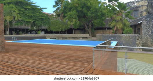 Blue water swimming pool on the wooden terrace of an advanced African villa in the old district of Tripoli. Glass railing with steel fittings. 3d render. - Powered by Shutterstock