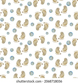 Blue Watercolor Baby Boy Seamless Pattern With Footprint And Ball. Baby Blue Paint Brush Stroke Background.