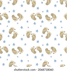 Blue Watercolor Baby Boy Seamless Pattern With Footprint And Stars. Baby Blue Paint Brush Stroke Background.