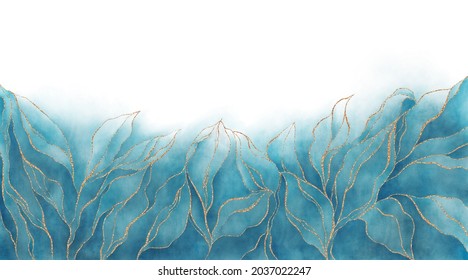 Blue Watercolor background. Golden line leaves drawn by brush. Textured paper with blank space. Veins of marble texture. Winter pattern border. Elegant luxury wallpaper hand painted