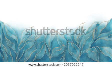Blue Watercolor background. Golden line leaves drawn by brush. Textured paper with blank space. Veins of marble texture. Winter pattern border. Elegant luxury wallpaper hand painted