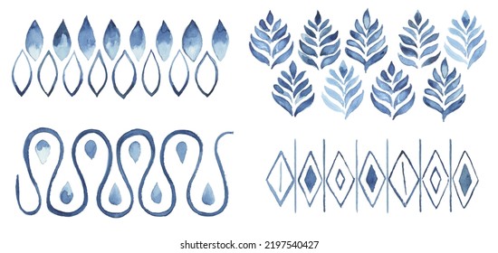 Blue Watercolor Border Design Elements. The Pattern Elements Are Diamond, Tree Leaves, Swirls And Tear Drop. Colors Range In Indigo, Colbalt, Azure And Cerulean Blue. Use In Home Decor, Stationery  