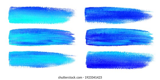 Blue Watercolor Brush Strokes. Canvas Texture. Paint Brush. Acrylic Smear Set. 