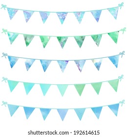 Blue Watercolor Bunting Flags On Isolated White Background. 