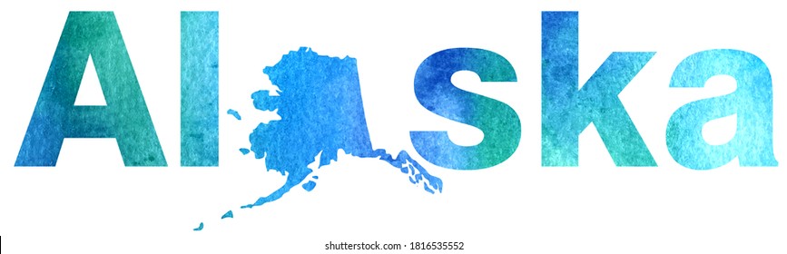 Blue watercolor creative Alaska state lettering isolated on white. Watercolor Alaska state. Alaska. USA. United States of America. Text or labels Alaska with silhouette