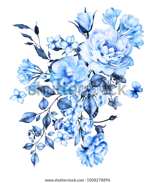 Blue Watercolor Flowers Floral Illustration Leaf Stock Illustration