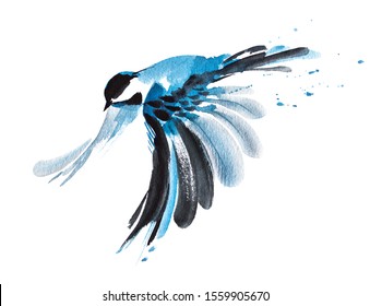 Blue watercolor graphic hand drawn flying swallow 21