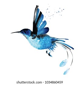 Blue watercolor hand drawn flying bird 43