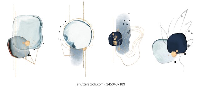 blue watercolor Illustration and gold,  isolated on white background. Abstract modern  print. logo
