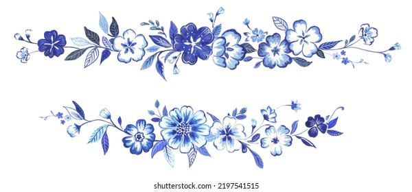 Blue Watercolor And Ink Flower Border Pattern. Colors Are Indigo, Cobalt, Cerulean And Classic Blue. Great Pattern For Kitchen, Home Decor, Stationery, Invitation And More. The Flowers Are Horizontal 