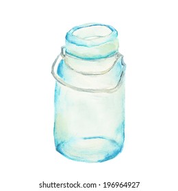 Blue Watercolor Mason Jar On Isolated White Background.