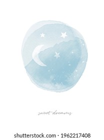 Blue Watercolor Night Sky. Pastel Blue Round Shape Stain With White Moon And Stars On A White Background. Sweet Dreams. Nursery Art Ideal For Card, Wall Art, Poster, Kids Room Decoration.