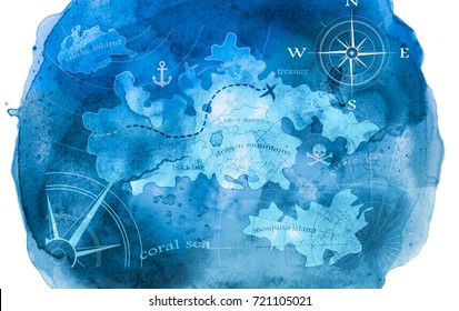 Blue Watercolor Pirate Treasure Map Illustration