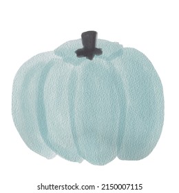 Blue Watercolor Pumpkin. Autumn Seasonal Harvest Blessing Thanksgiving Holidays Illustration. Hand Painted Isolated On White Background.