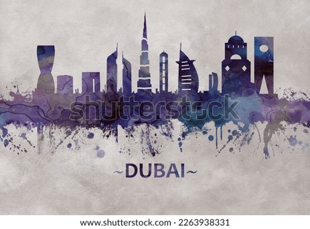 Blue watercolor skyline of Dubai, a city and emirate in the United Arab Emirates.