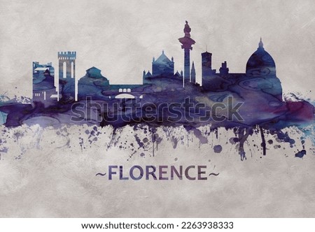 Blue watercolor skyline of Florence, capital of Italy’s Tuscany region, is home to many masterpieces of Renaissance art and architecture.