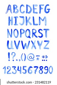 Blue watercolour alphabet font with letters, numbers and punctuation marks