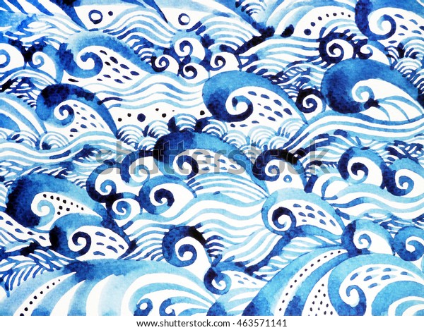 青い波模様の最小水彩画手描きの和画デザインイラスト のイラスト素材
