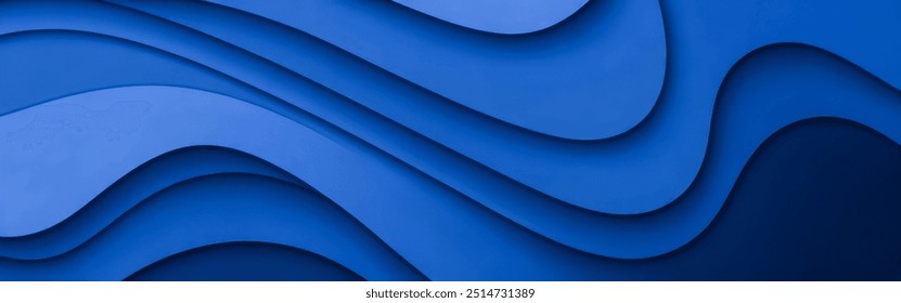 Blue Wavy Lines, Abstract Pattern on Dark Blue Background, Smooth Curves, Gradient Blue Hues, Visually Soothing, Conveys Calmness, Serenity, Often Used in Design, Background