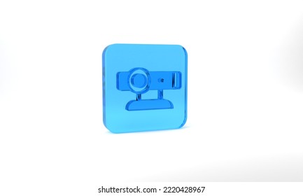 Blue Web Camera Icon Isolated On Grey Background. Chat Camera. Webcam Icon. Glass Square Button. 3d Illustration 3D Render.